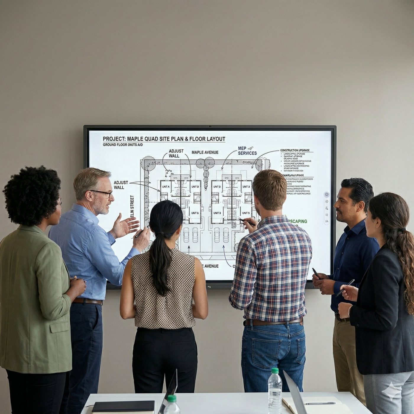 Six design professionals collaborating on a shared whiteboard
